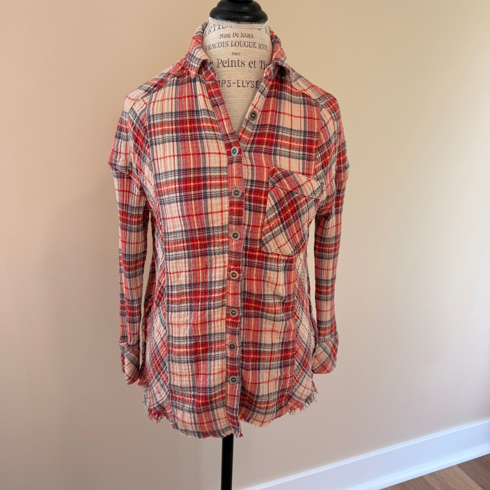 Free People Women's Red/Blue Plaid Long Sleeve Button Up Shirt Size XS